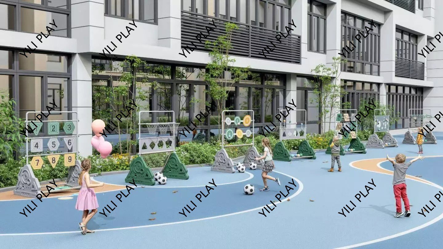 children playing with outdoor throwing play equipment, colorful target boards, and ball-catching games