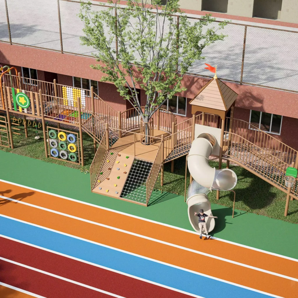 Children’s outdoor playground with climbing structures