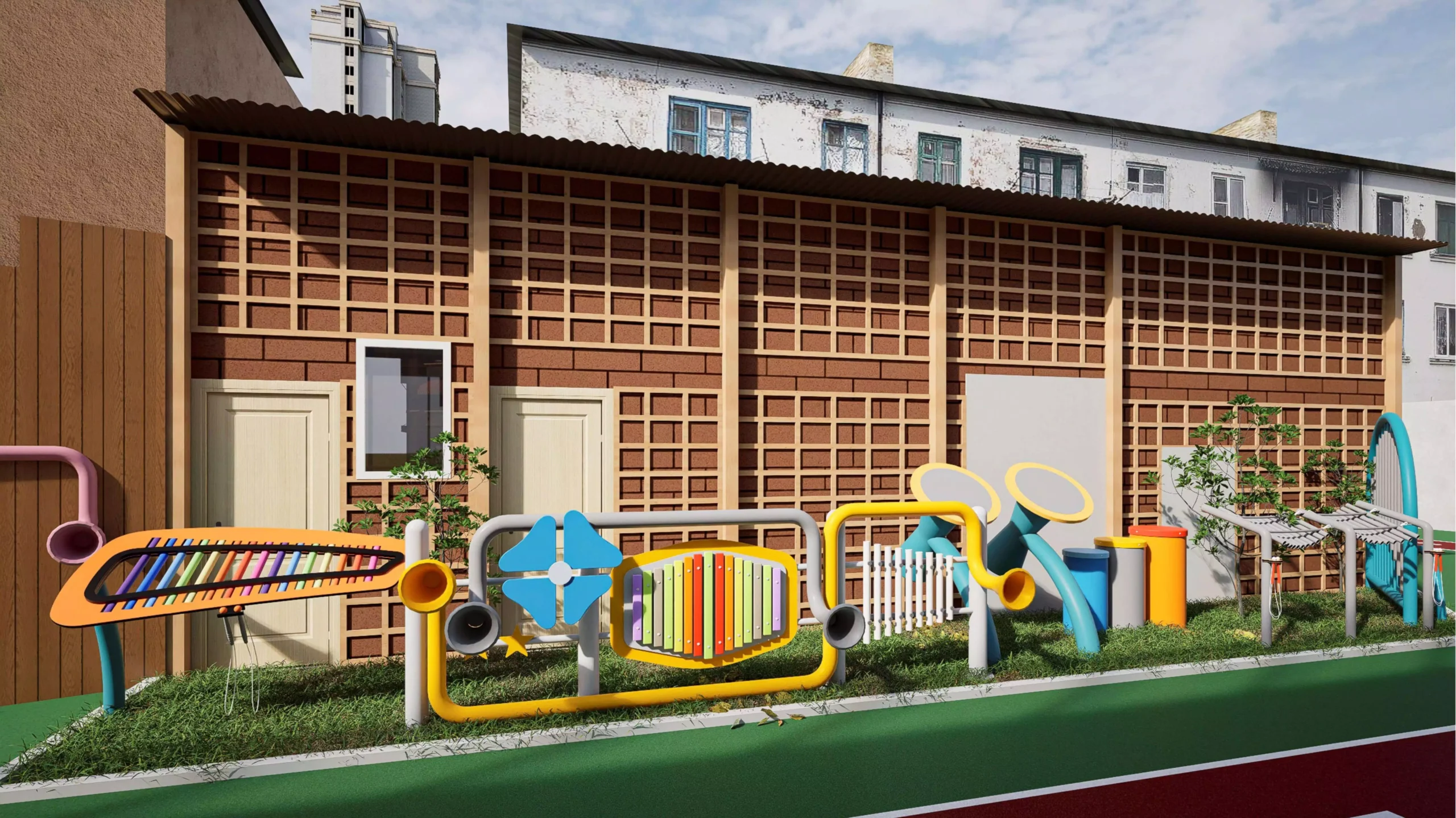 Children’s outdoor playground with climbing structures